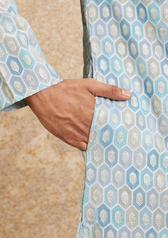 Twamev Men Tranquil Blue Self Patterned Kurta Set