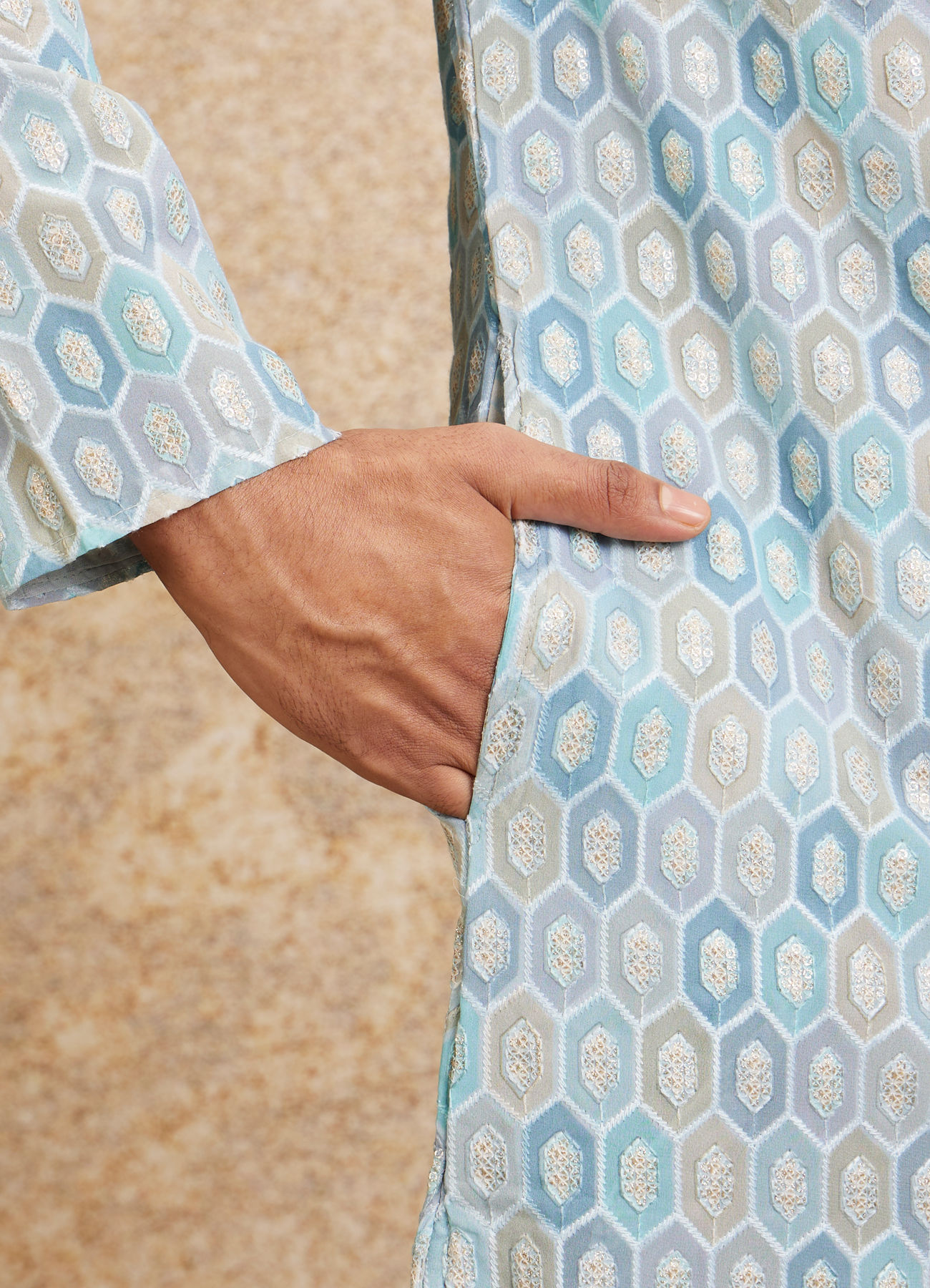 Twamev Men Tranquil Blue Self Patterned Kurta Set