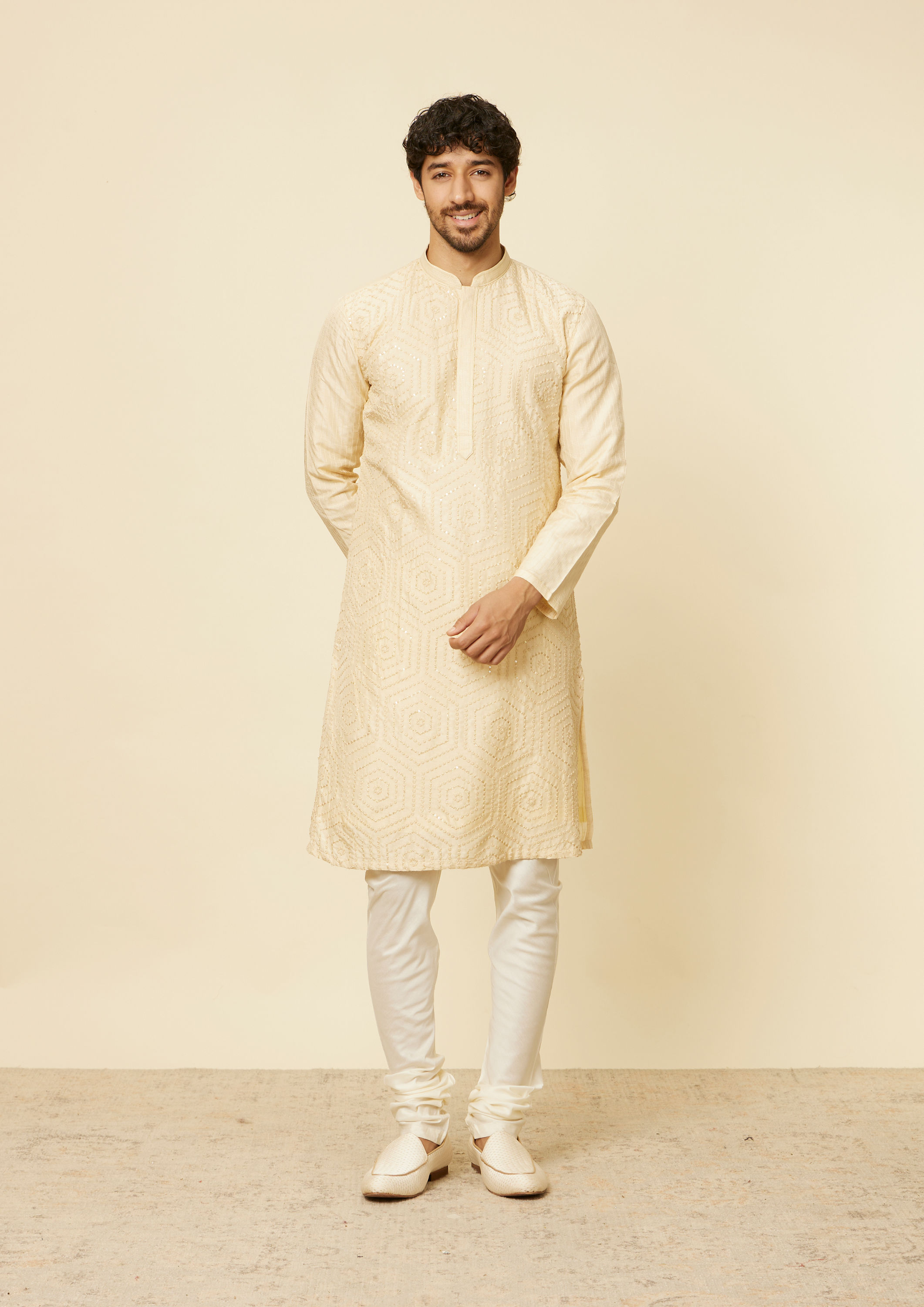 Twamev Men Beige Hexagonal Sequined Embroidered Kurta Set