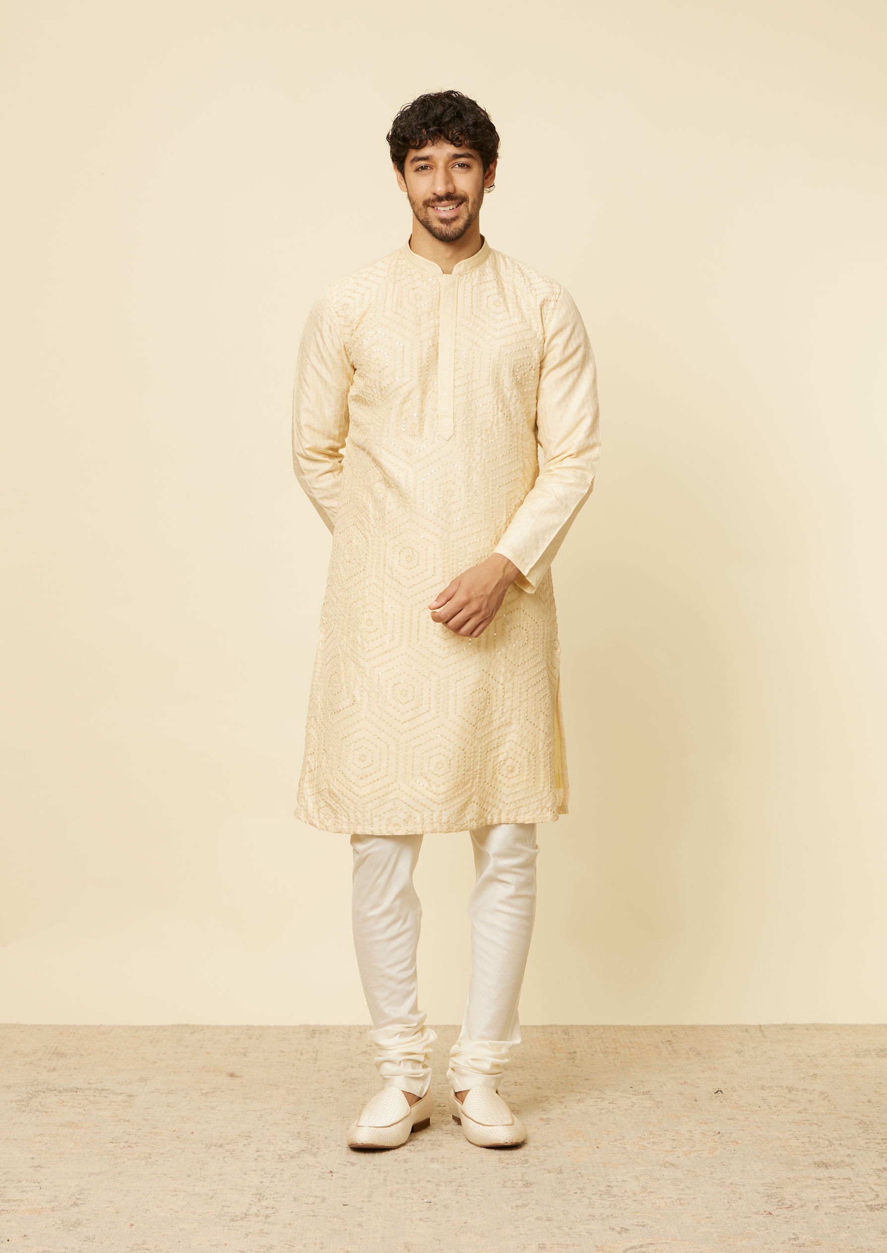 Twamev Men Beige Hexagonal Sequined Embroidered Kurta Set