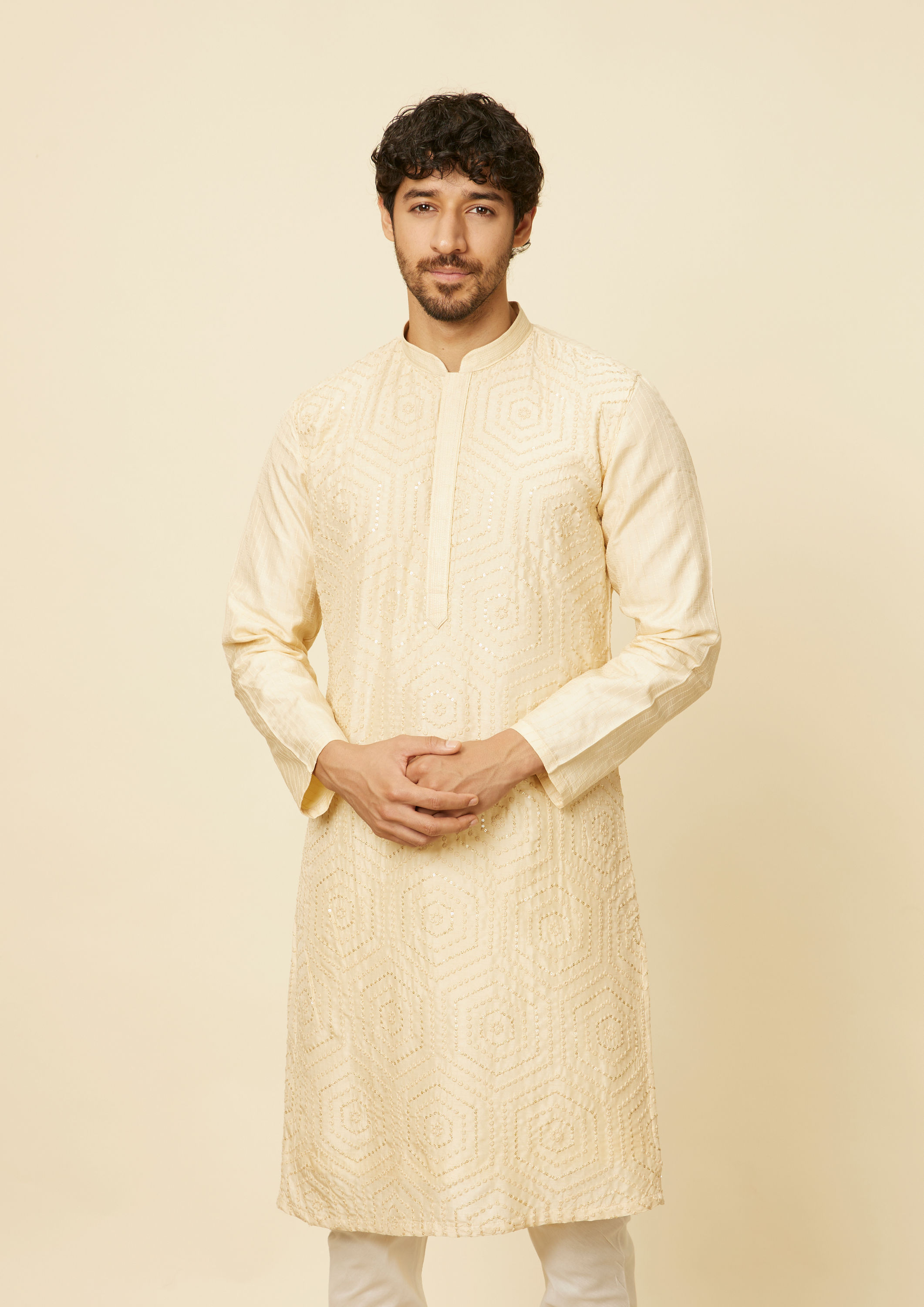 Twamev Men Beige Hexagonal Sequined Embroidered Kurta Set