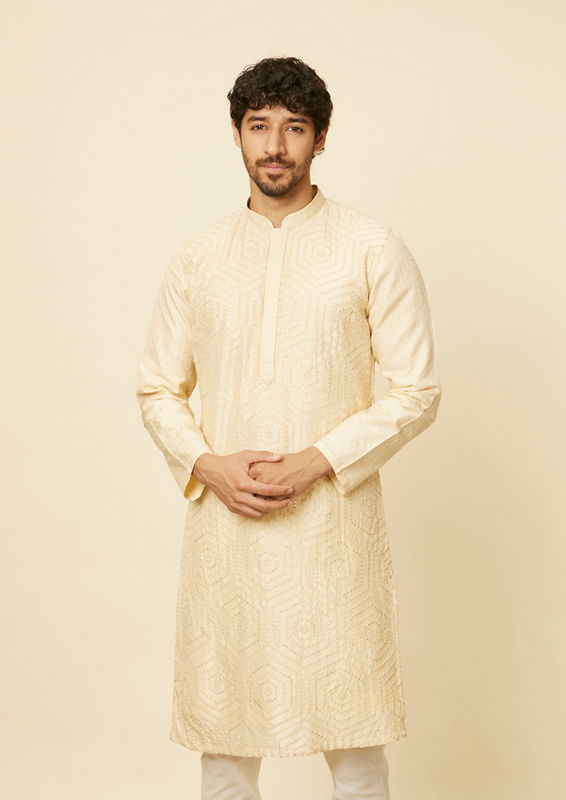 Twamev Men Beige Hexagonal Sequined Embroidered Kurta Set