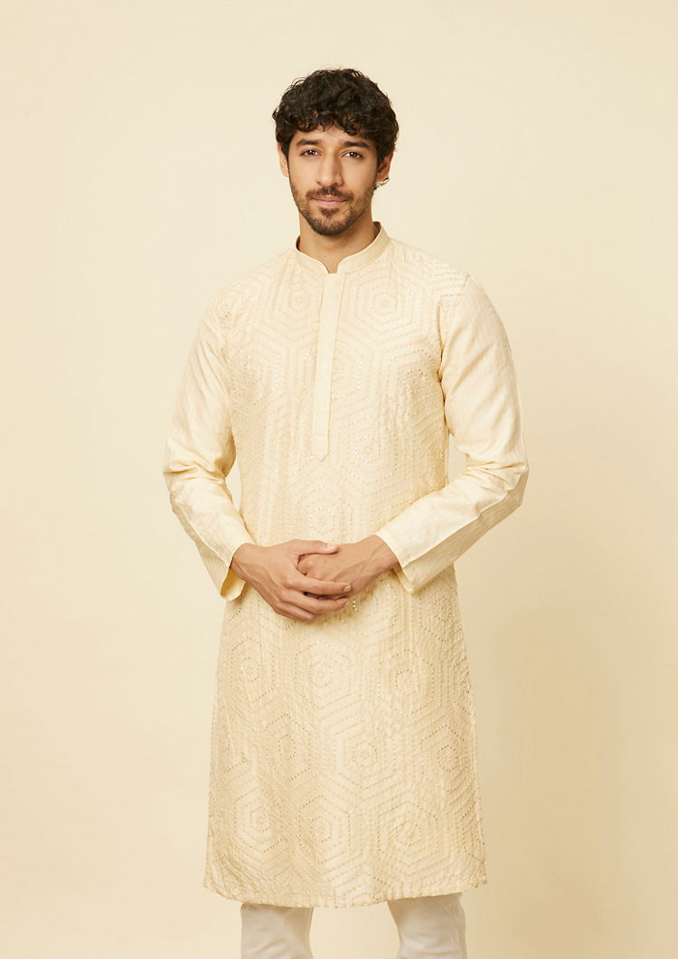 Twamev Men Beige Hexagonal Sequined Embroidered Kurta Set