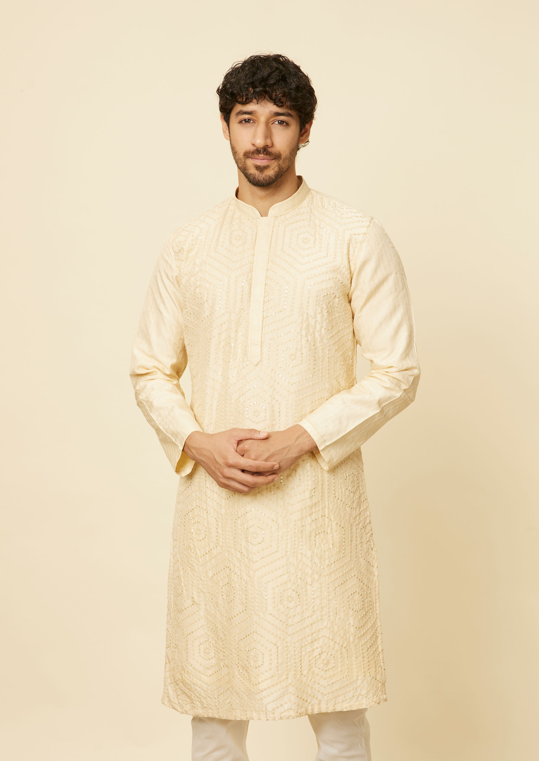 Twamev Men Beige Hexagonal Sequined Embroidered Kurta Set