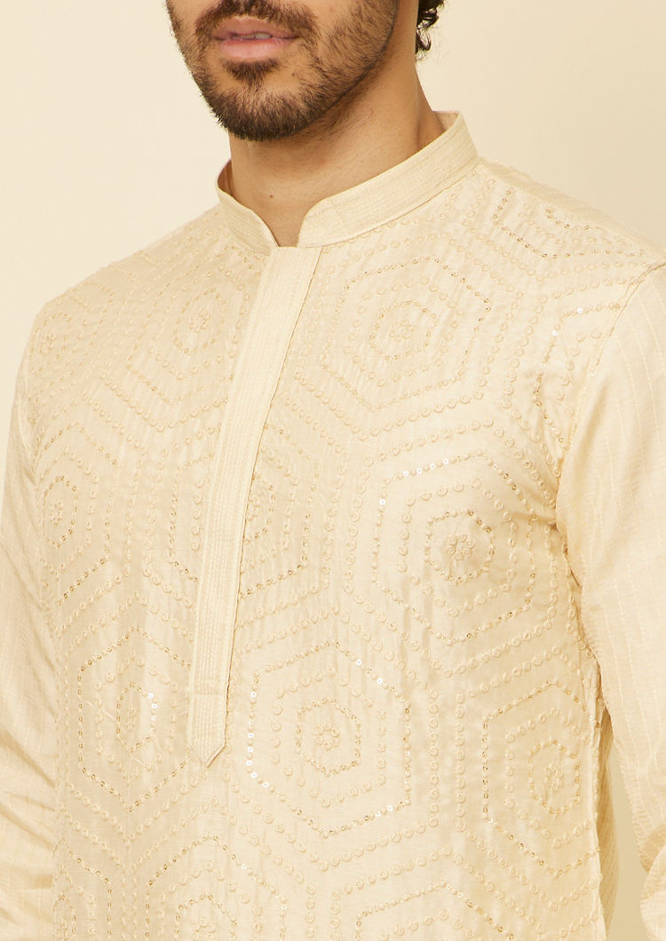 Twamev Men Beige Hexagonal Sequined Embroidered Kurta Set