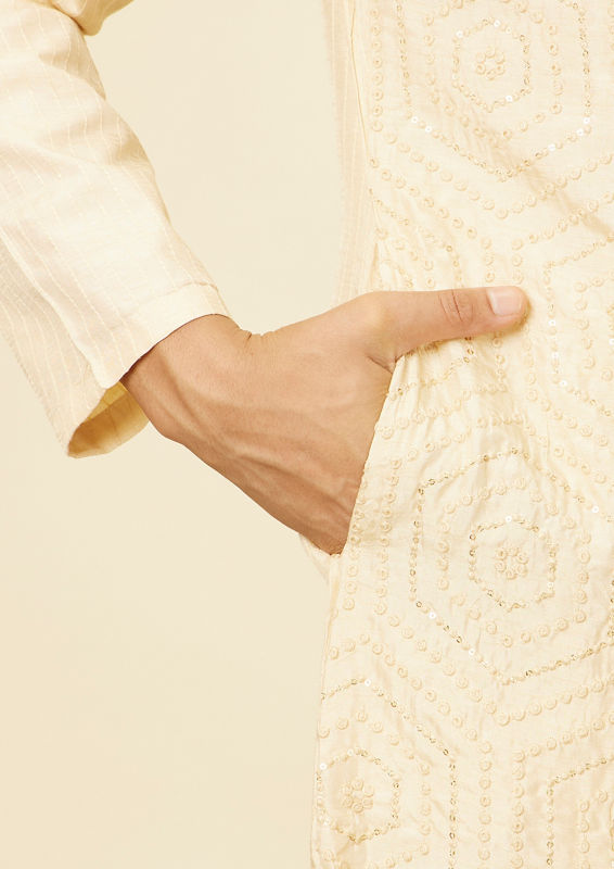 Twamev Men Beige Hexagonal Sequined Embroidered Kurta Set