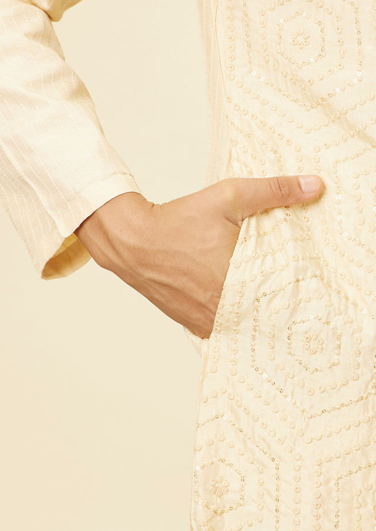 Twamev Men Beige Hexagonal Sequined Embroidered Kurta Set
