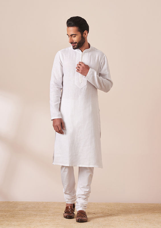 Twamev Men Sea Shell White Kurta Pajama with Kashmiri Neck