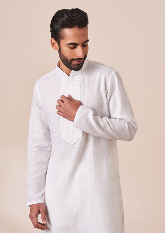 Twamev Men Sea Shell White Kurta Pajama with Kashmiri Neck
