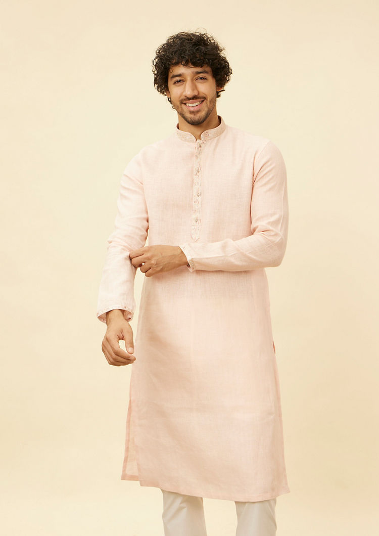 Twamev Men Dusty Pink Embroidered Linen Kurta Pajama