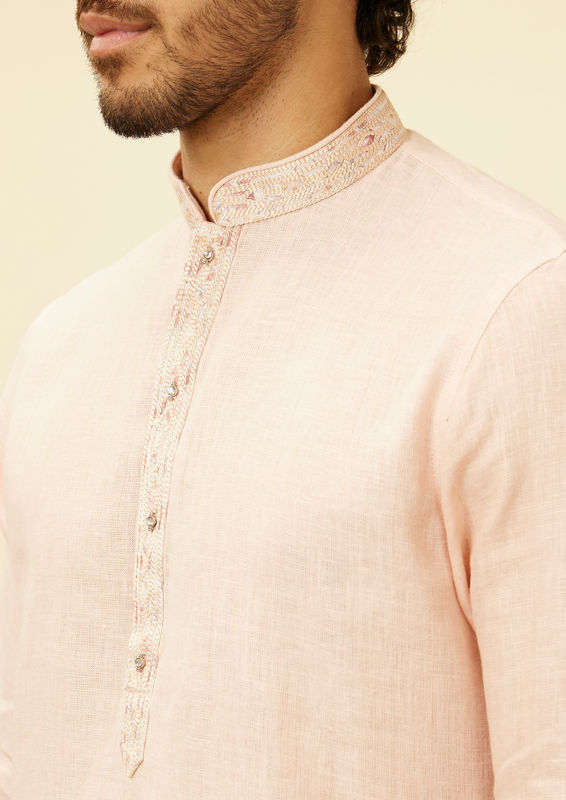 Twamev Men Dusty Pink Embroidered Linen Kurta Pajama