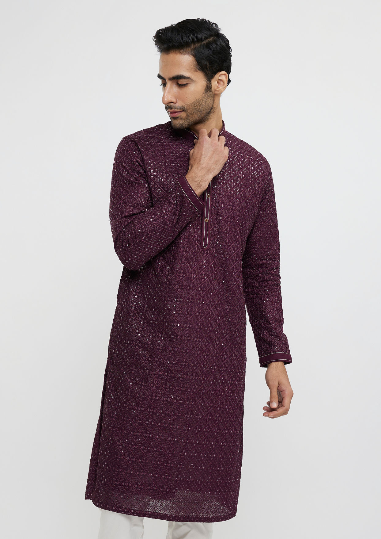 alt message - Twamev Men Wine Georgette Kurta Pajama Glamour image number 0