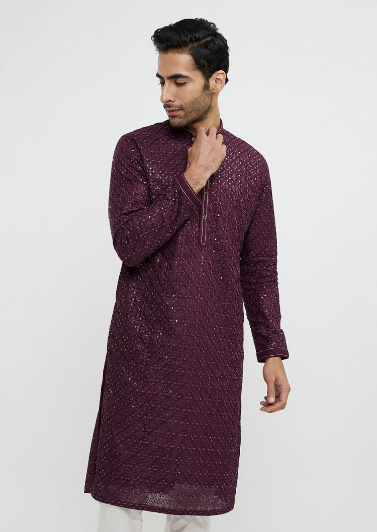Twamev Men Wine Georgette Kurta Pajama Glamour