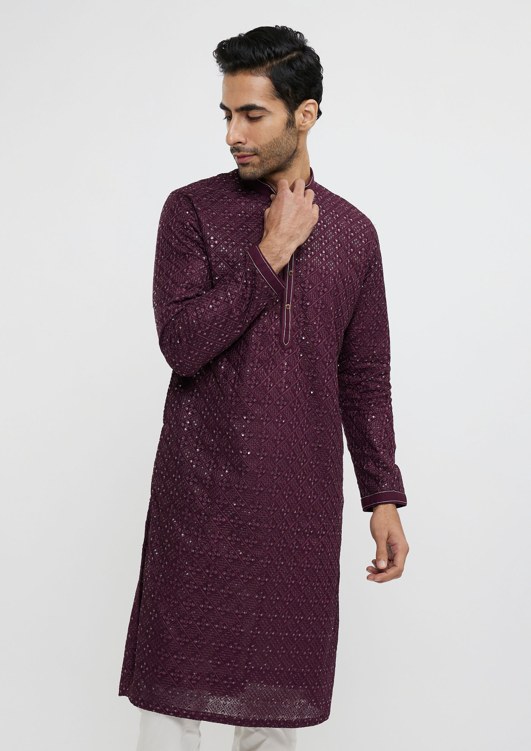 Twamev Men Wine Georgette Kurta Pajama Glamour