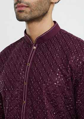 alt message - Twamev Men Wine Georgette Kurta Pajama Glamour image number 1