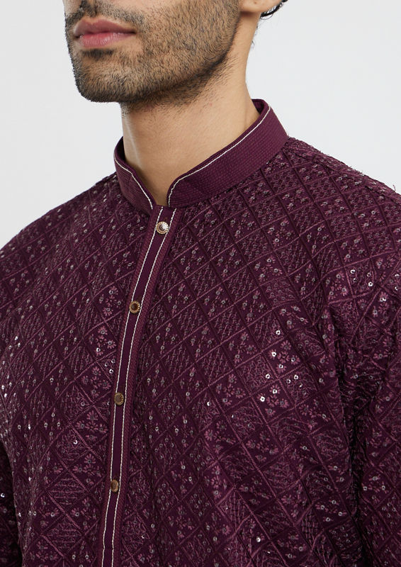 Twamev Men Wine Georgette Kurta Pajama Glamour
