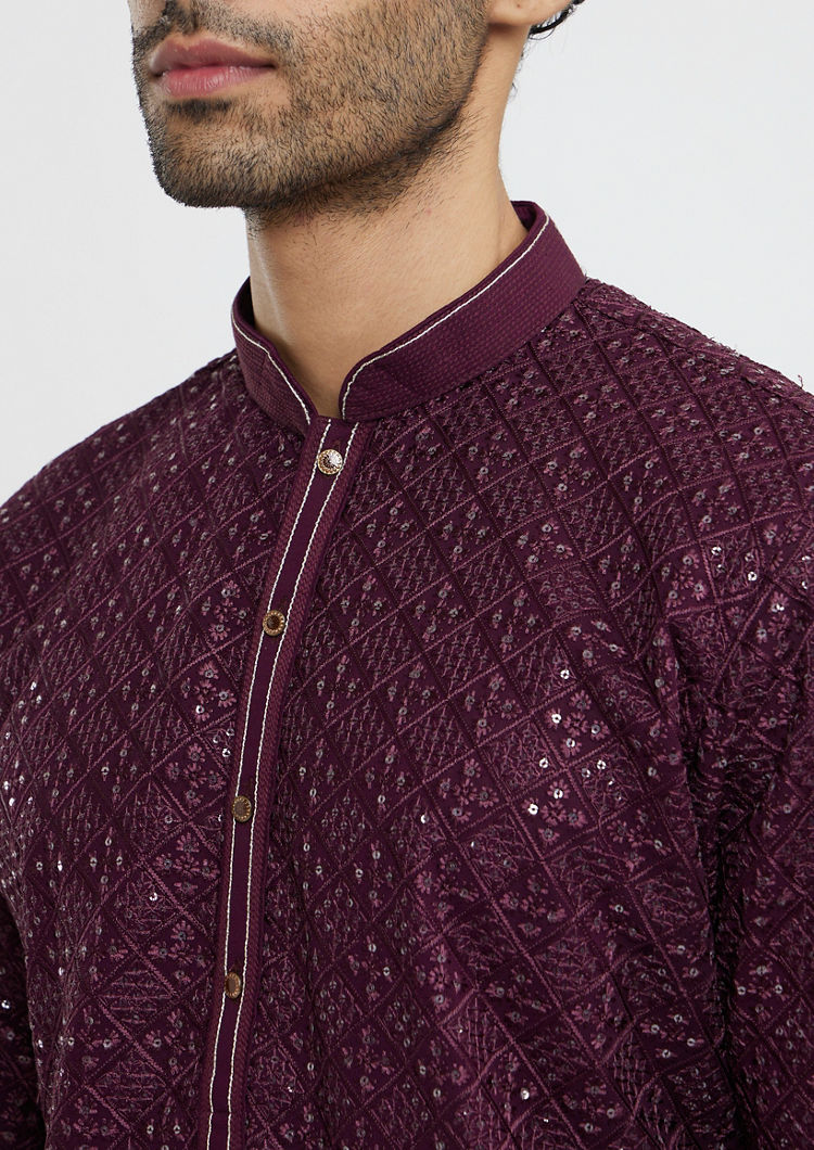 Twamev Men Wine Georgette Kurta Pajama Glamour