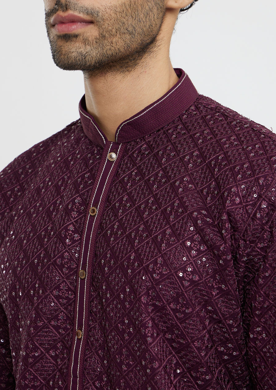 alt message - Twamev Men Wine Georgette Kurta Pajama Glamour image number 1