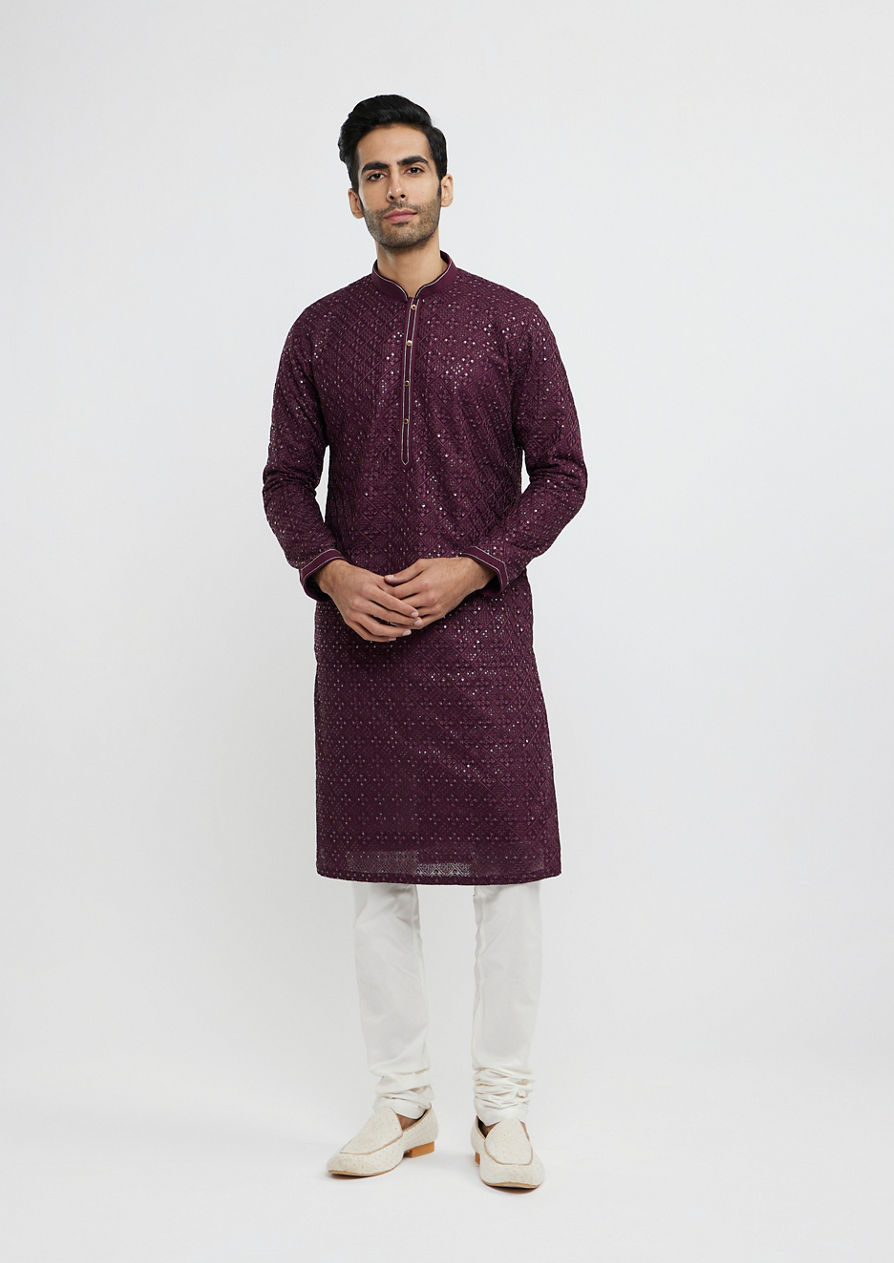 alt message - Twamev Men Wine Georgette Kurta Pajama Glamour image number 2