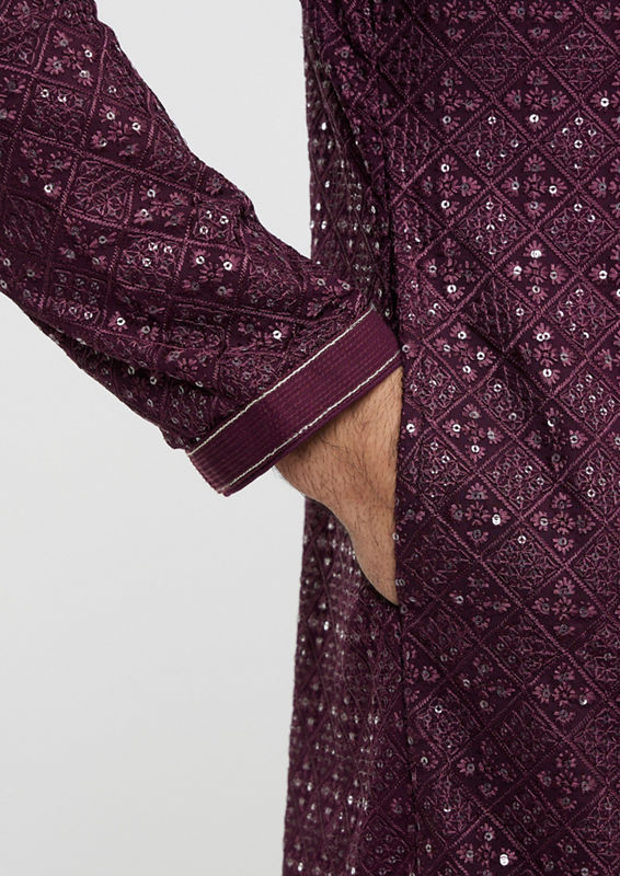 Twamev Men Wine Georgette Kurta Pajama Glamour