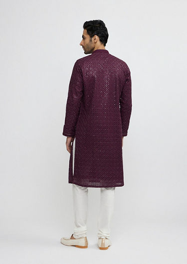 alt message - Twamev Men Wine Georgette Kurta Pajama Glamour image number 4