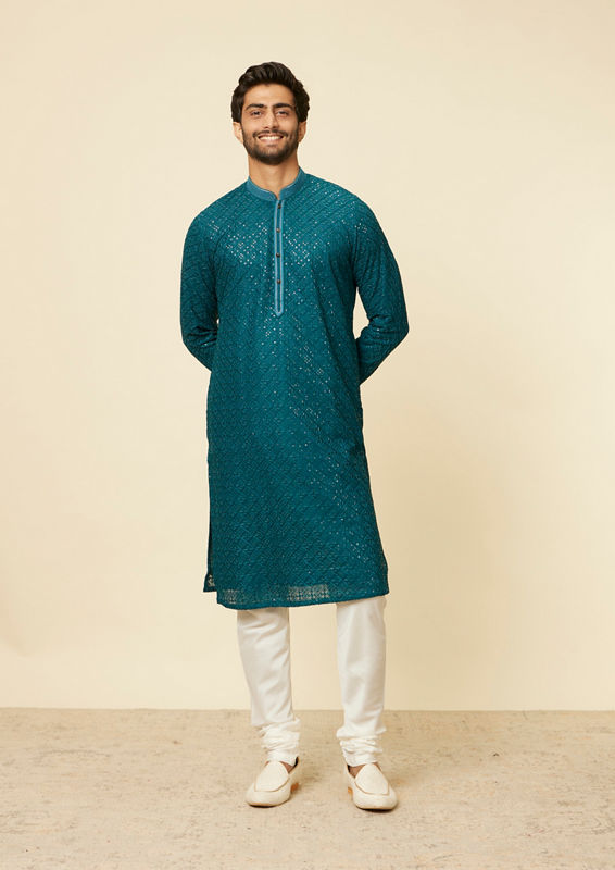 Twamev Men Teal Blue Chikankari Kurta Set image number 2