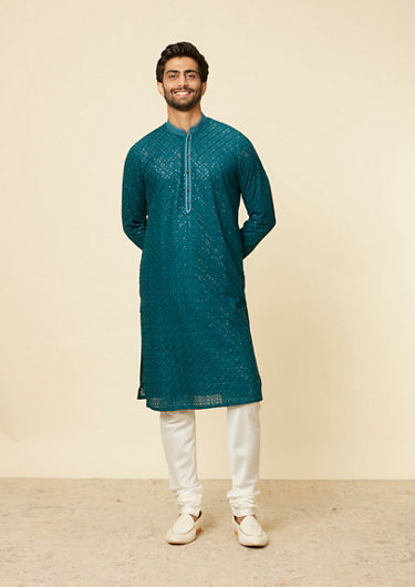 alt message - Twamev Men Teal Blue Chikankari Kurta Set image number 2