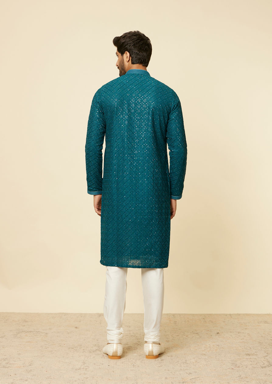 alt message - Twamev Men Teal Blue Chikankari Kurta Set image number 4