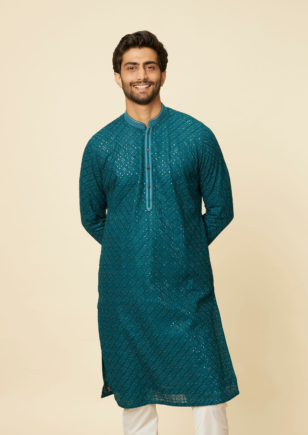 alt message - Twamev Men Teal Blue Chikankari Kurta Set image number 0