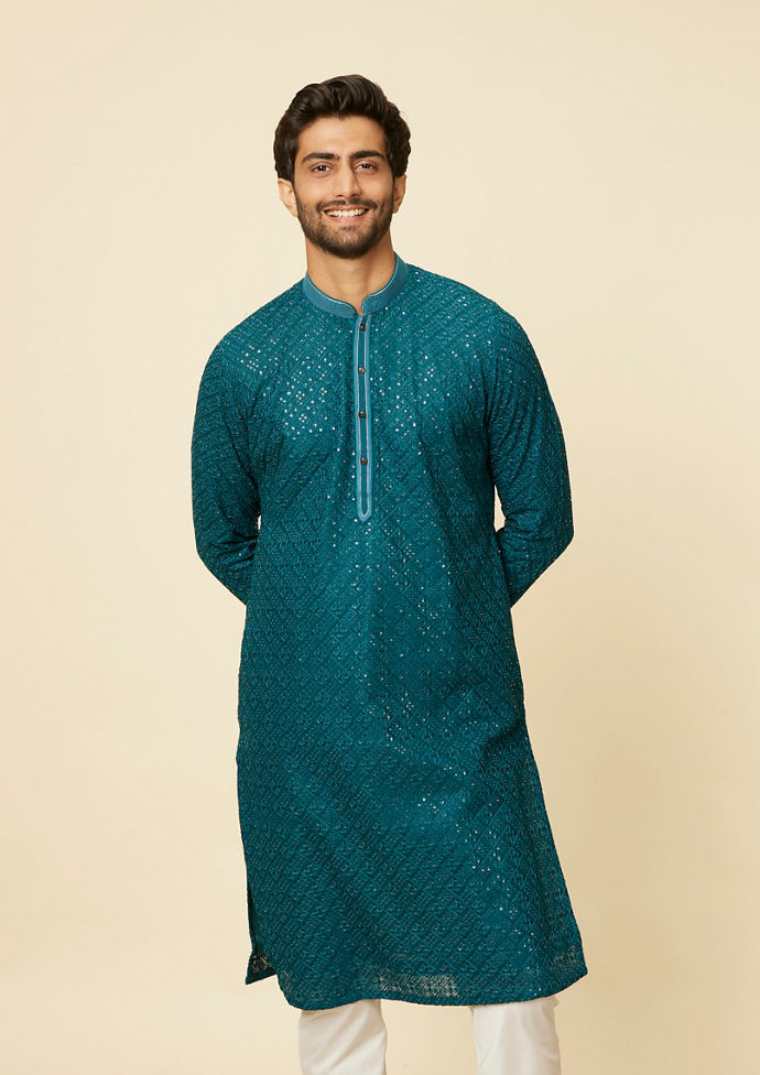 Twamev Men Teal Blue Chikankari Kurta Set