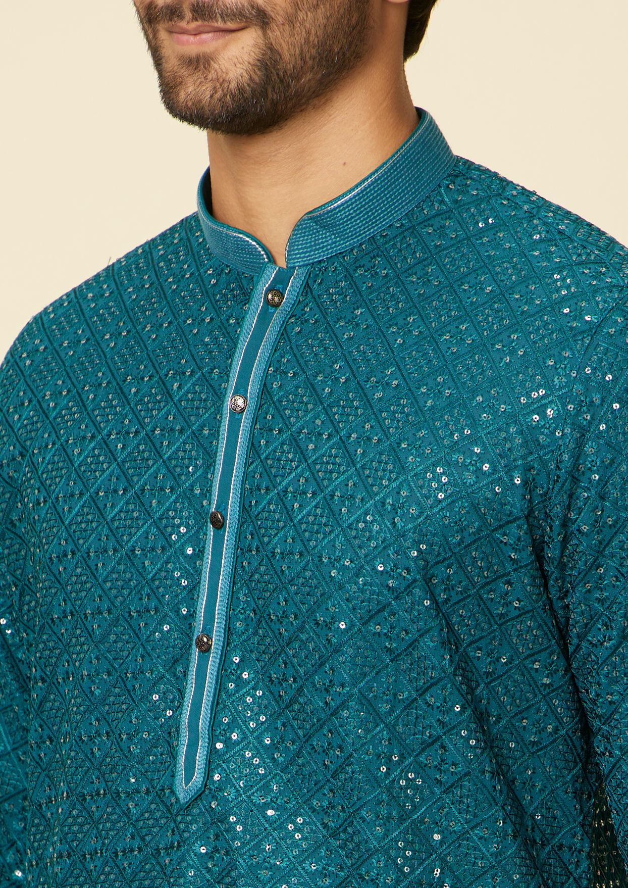 alt message - Twamev Men Teal Blue Chikankari Kurta Set image number 1