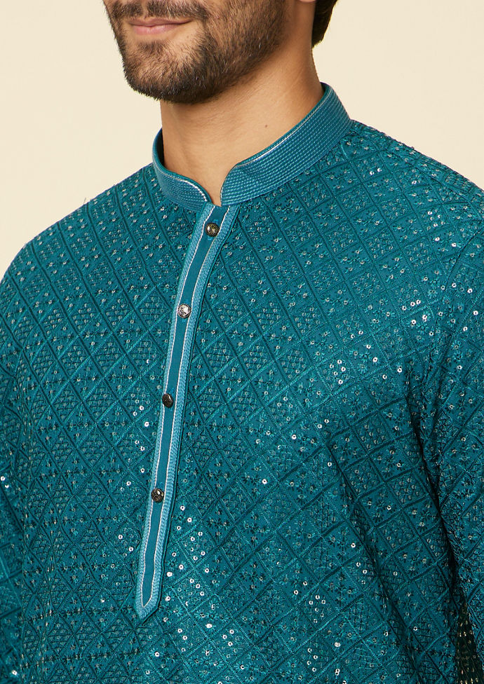 Twamev Men Teal Blue Chikankari Kurta Set image number 1