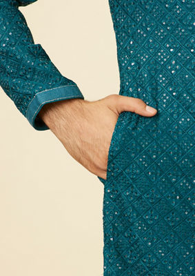 alt message - Twamev Men Teal Blue Chikankari Kurta Set image number 3