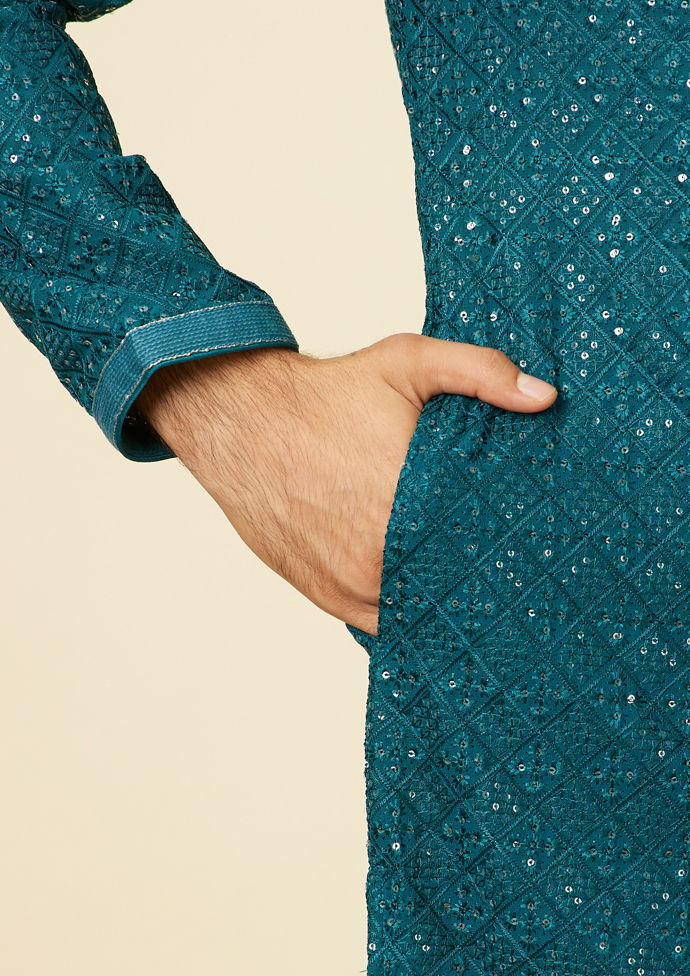 Twamev Men Teal Blue Chikankari Kurta Set image number 3