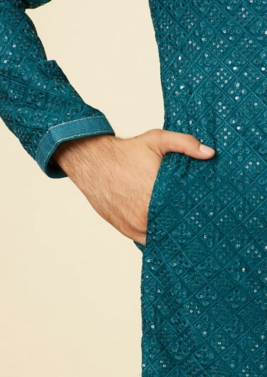 alt message - Twamev Men Teal Blue Chikankari Kurta Set image number 3