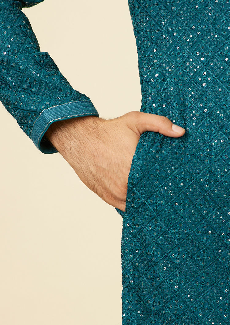 Twamev Men Teal Blue Chikankari Kurta Set image number 3