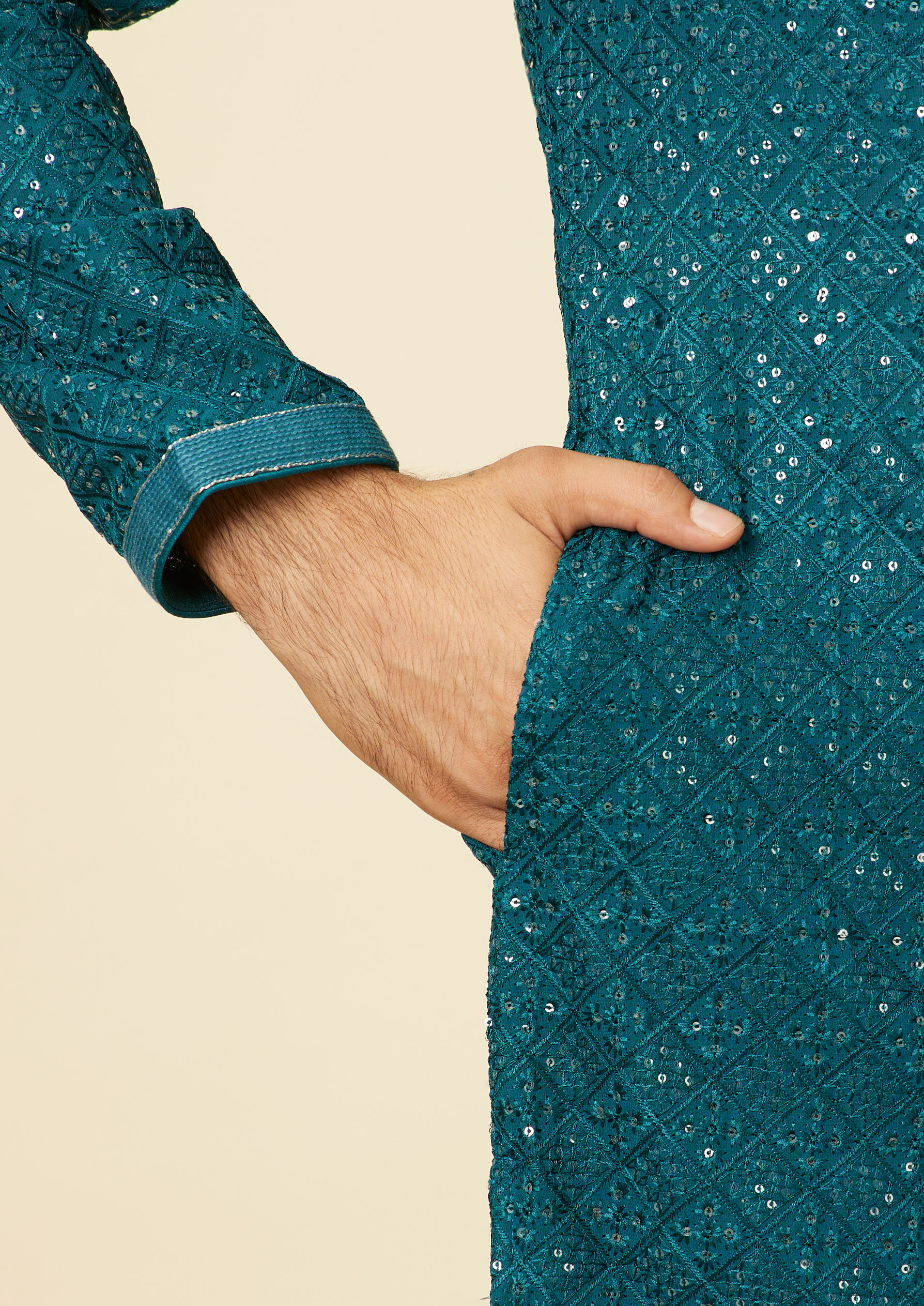 Twamev Men Teal Blue Chikankari Kurta Set