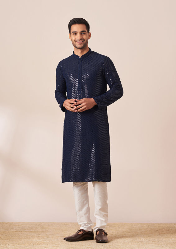 Twamev Men Indigo Blue Chikankari Kurta Pajama