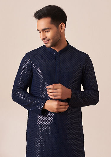 alt message - Twamev Men Indigo Blue Chikankari Kurta Pajama image number 0