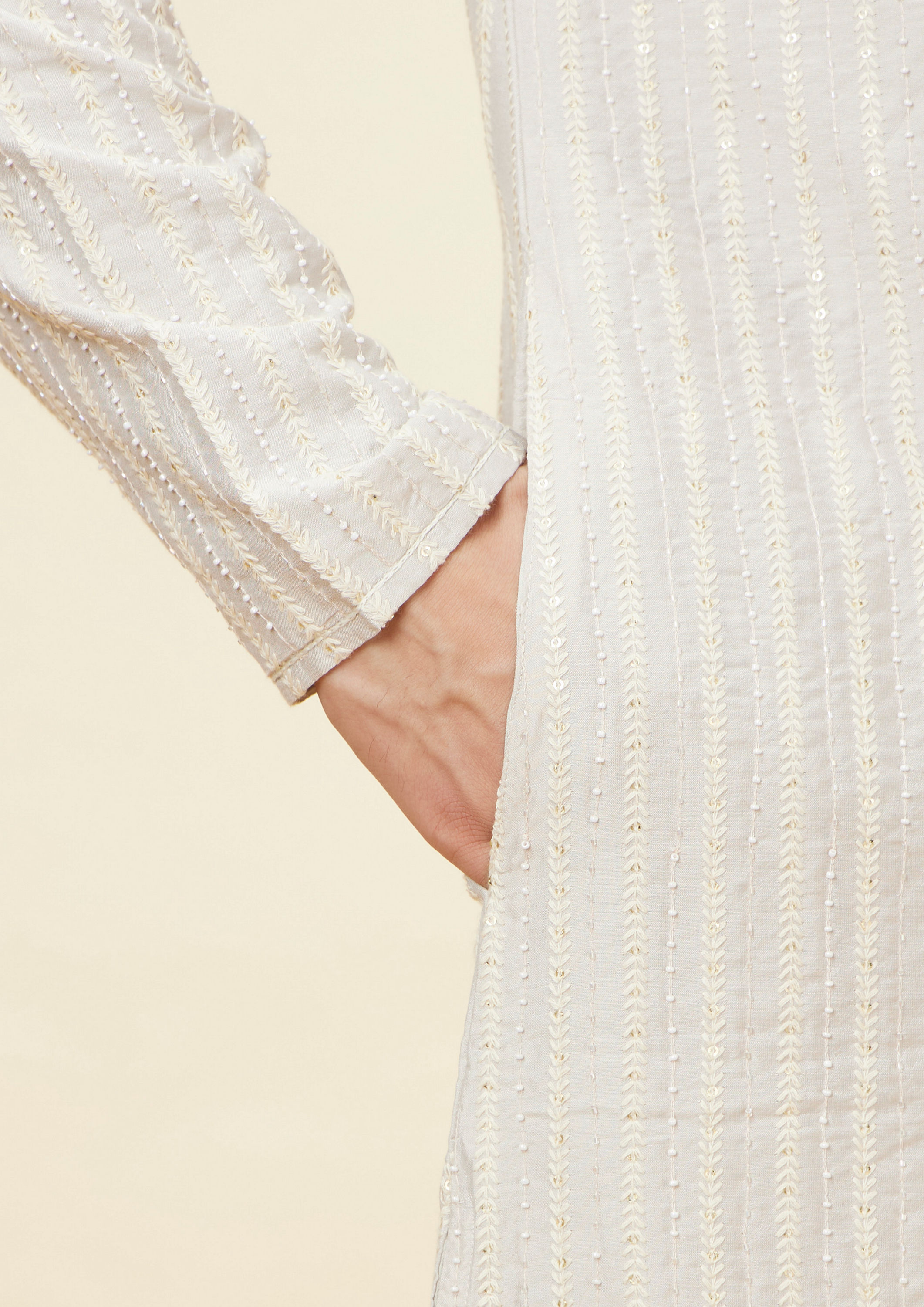 Twamev Men Soft Beige Fern Patterned Kurta Set