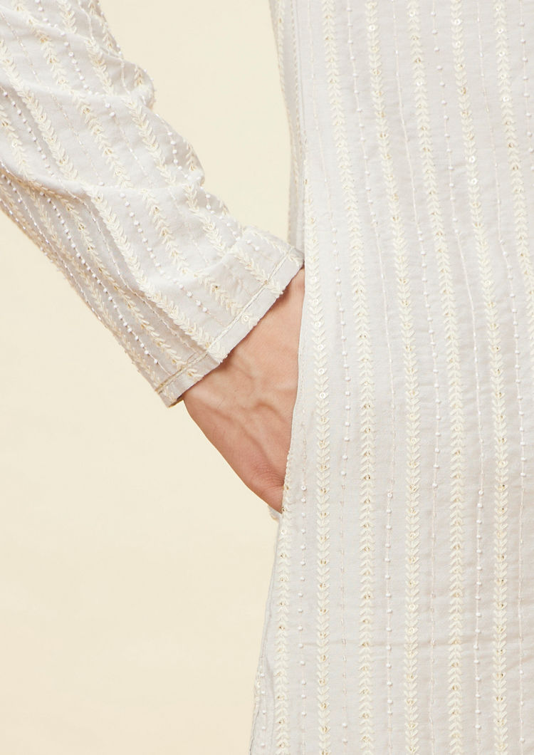 Twamev Men Soft Beige Fern Patterned Kurta Set