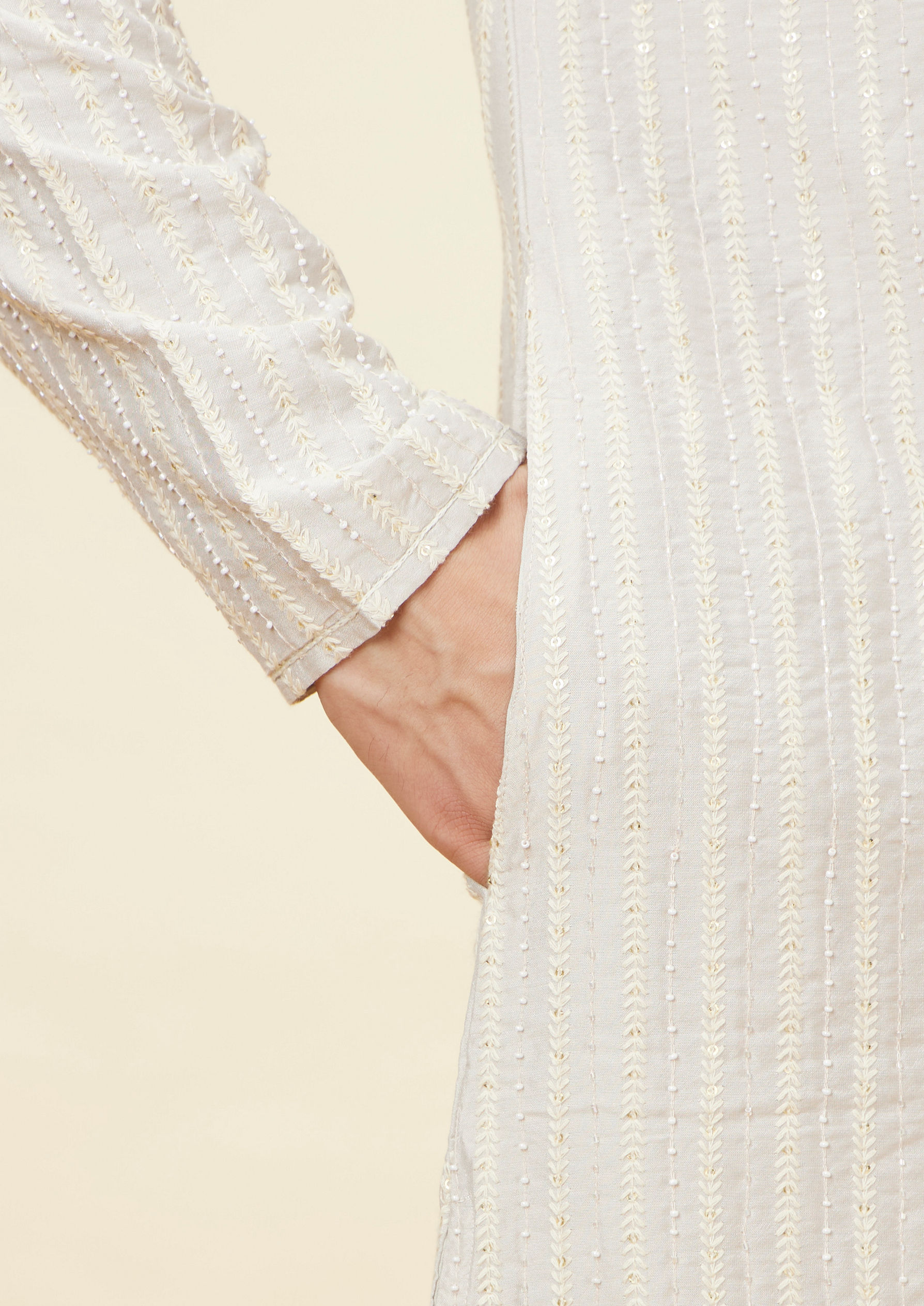 Twamev Men Soft Beige Fern Patterned Kurta Set