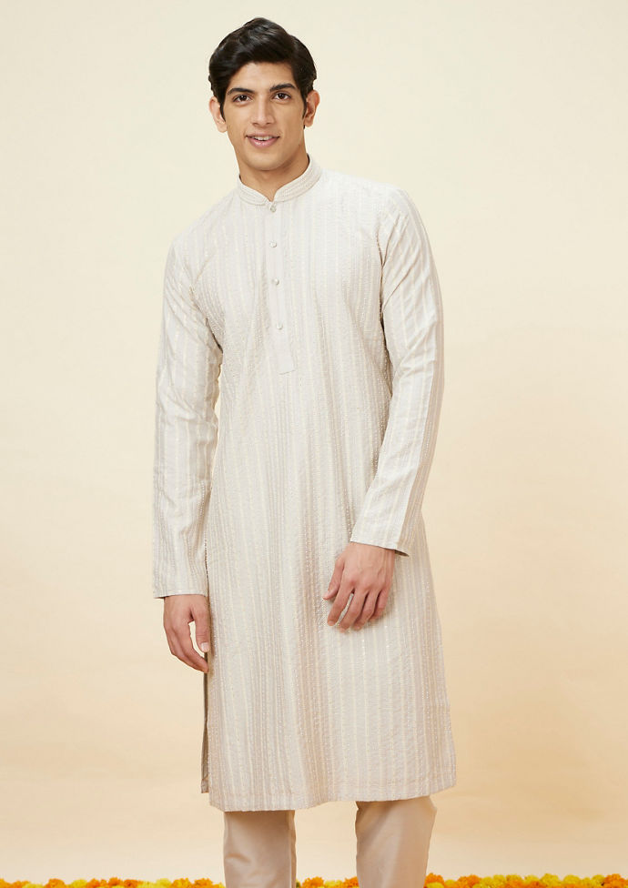 Twamev Men Soft Beige Fern Patterned Kurta Set