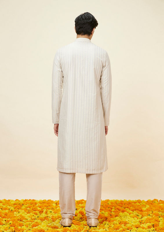 Twamev Men Soft Beige Fern Patterned Kurta Set