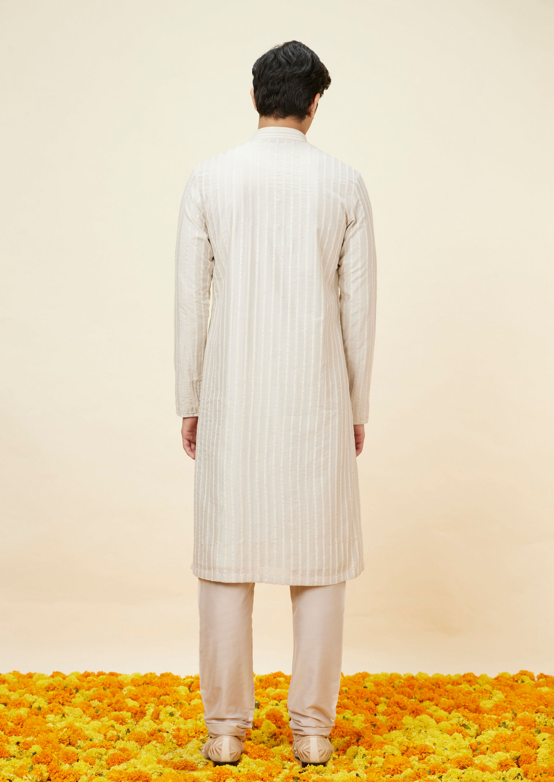 Twamev Men Soft Beige Fern Patterned Kurta Set