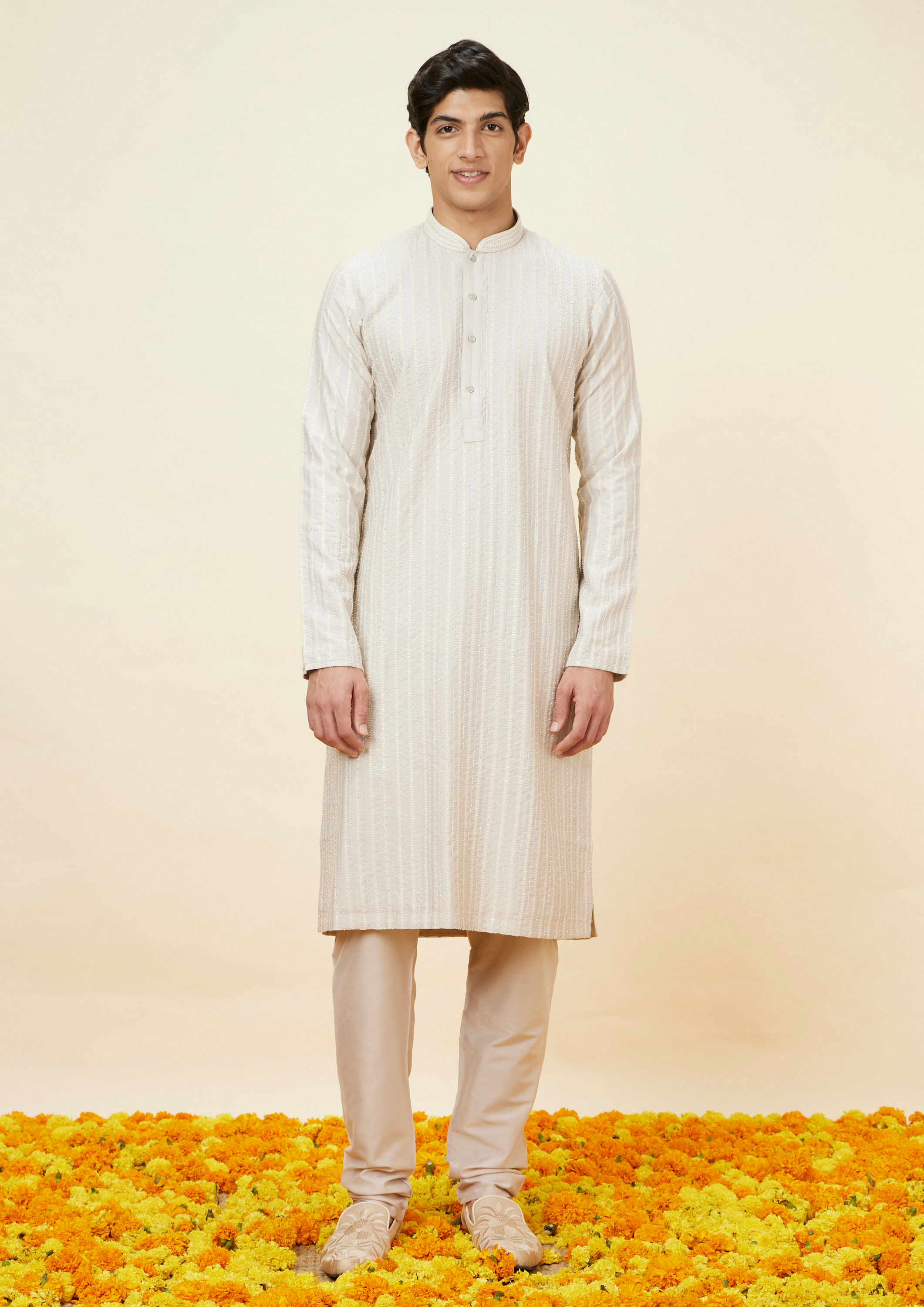 Twamev Men Soft Beige Fern Patterned Kurta Set