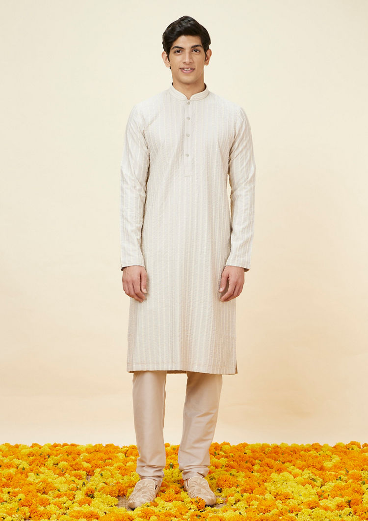 Twamev Men Soft Beige Fern Patterned Kurta Set
