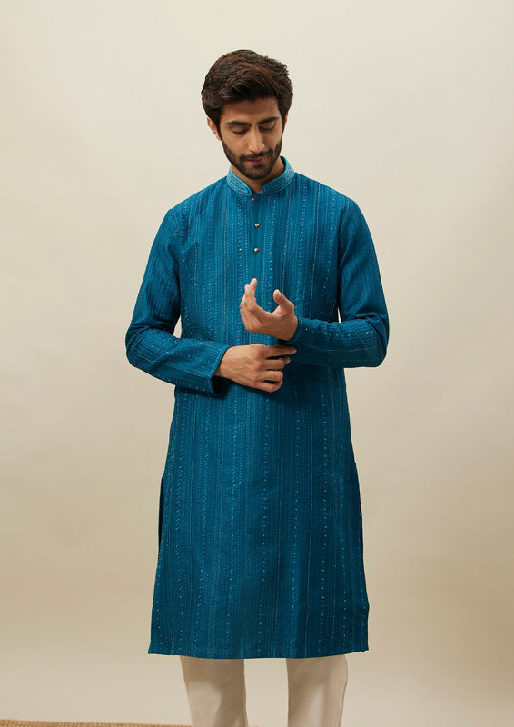 Twamev Men Brilliant Blue Geometric Patterned Kurta Set