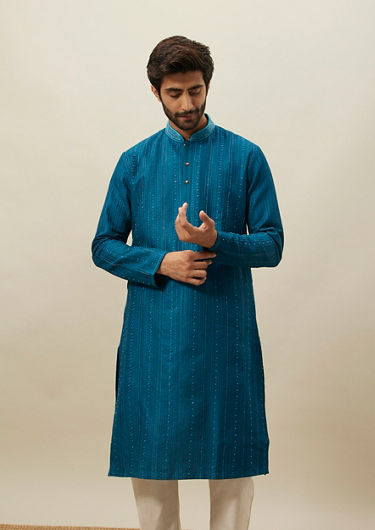 alt message - Twamev Men Brilliant Blue Geometric Patterned Kurta Set image number 0