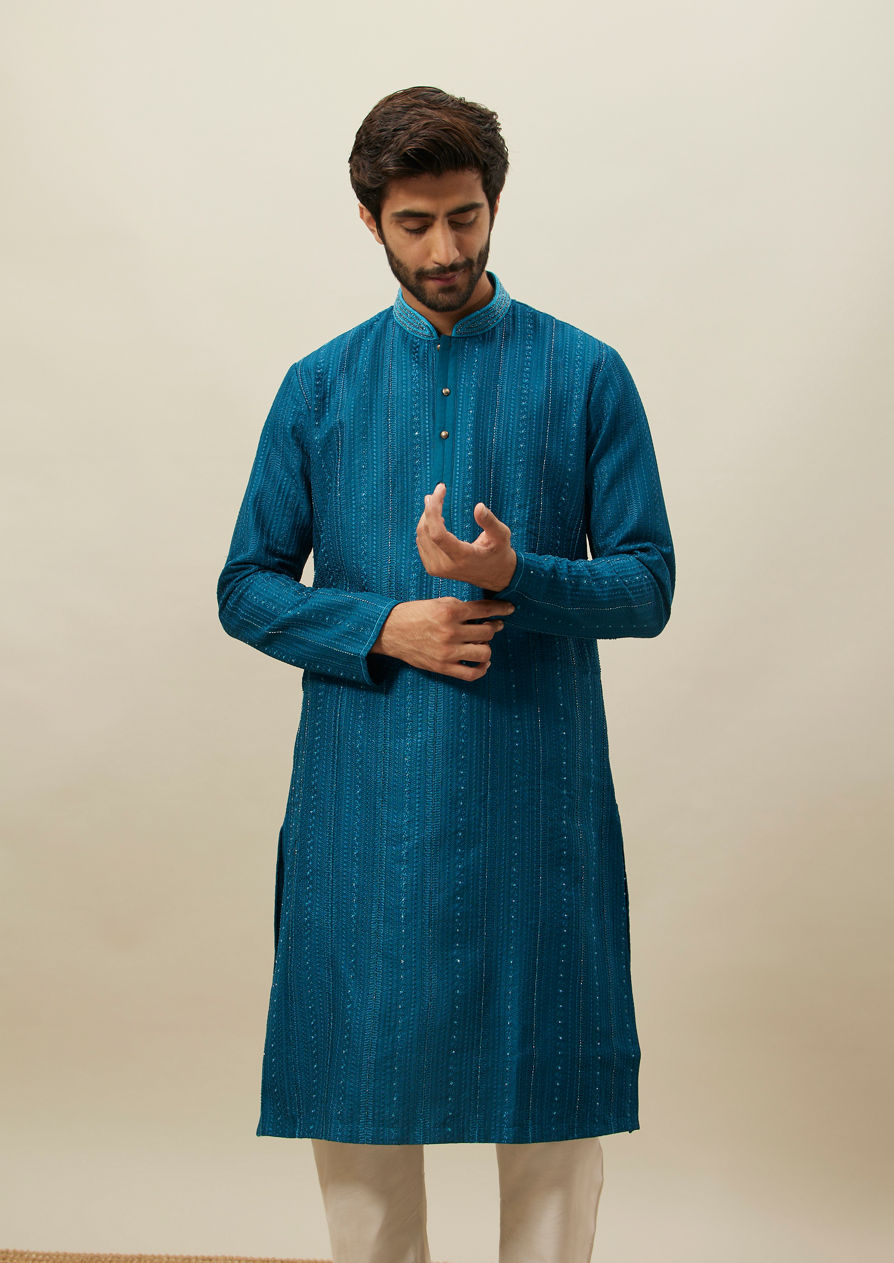 alt message - Twamev Men Brilliant Blue Geometric Patterned Kurta Set image number 0